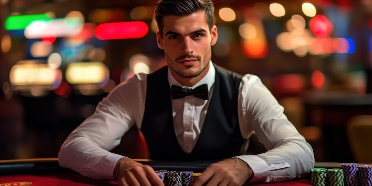 Antarmuka pemain Casino Hold'em dengan pilihan taruhan dan tombol aksi di kerajitu